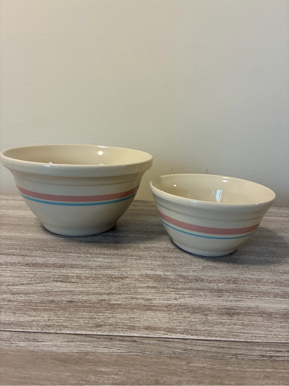 Set of 2 Roseville Memories Mixing Bowls with Pink and Blue Stripes 6” & 8”